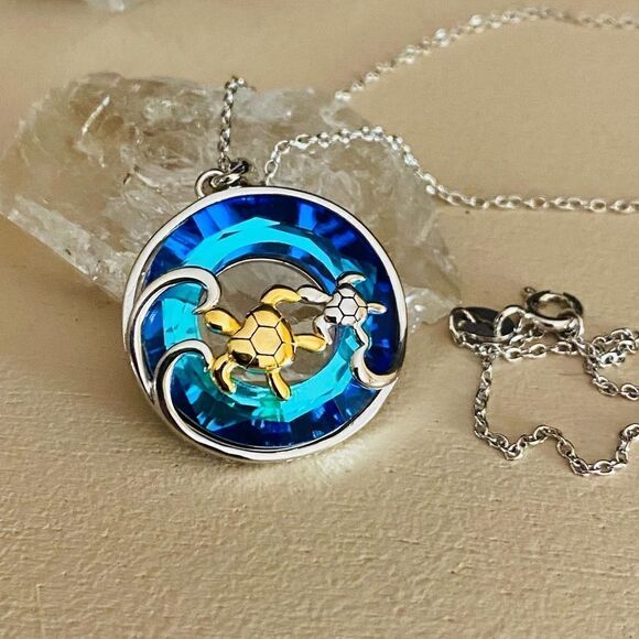 Turtle Under The Sea Crystal Sterling Silver Necklace - Picture 3 of 5